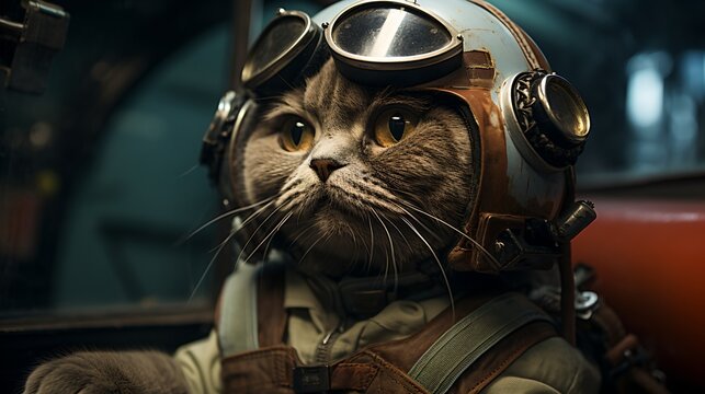 Cat pilot in a leather helmet and goggles
