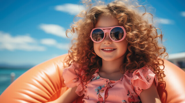 happy girl with curly hair is sitting in a big lifebuoy and sunbathing