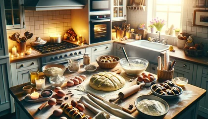 Rolgordijnen Warm Inviting Kitchen with Easter Bread and Pastries in the Making © Franklin
