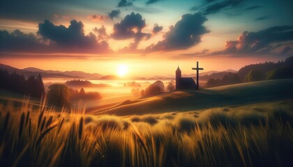 Serene Easter Sunrise: Cross Silhouette Against a Breathtaking Dawn