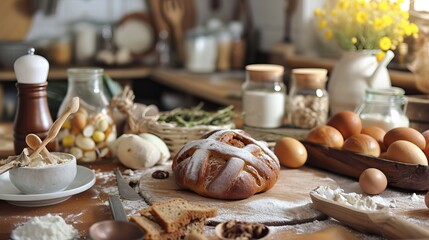 Rustic Easter Bread Preparation on Wooden Kitchen Table