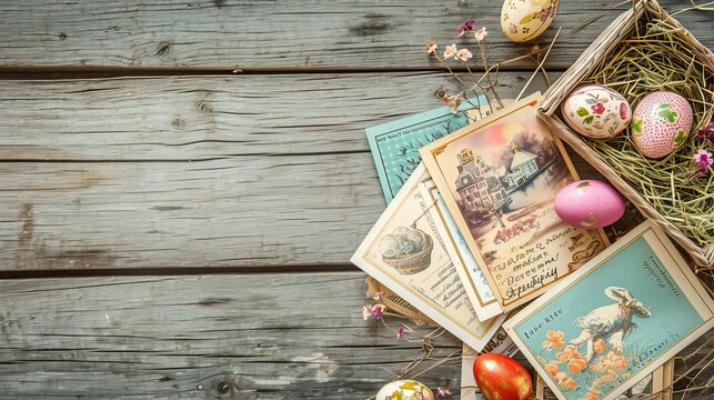Nostalgic Easter Composition with Vintage Cards and Colorful Eggs on Wooden Table