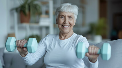  Senior Woman's Engaging Smile While Exercising with Dumbbells, Representing Health and Active Lifestyle"

