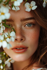 Close up portrait of a pretty young girl with spring flowers