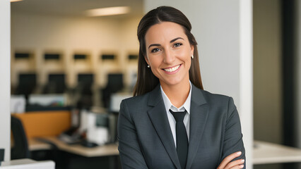 A smiling woman in a business suit, with arms crossed, in an office setting.