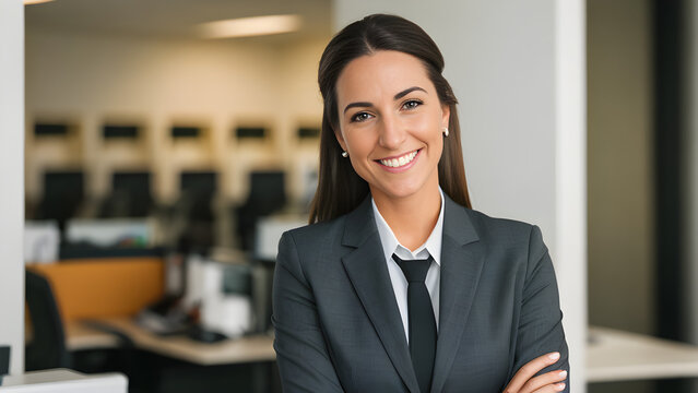 A smiling woman in a business suit, with arms crossed, in an office setting.