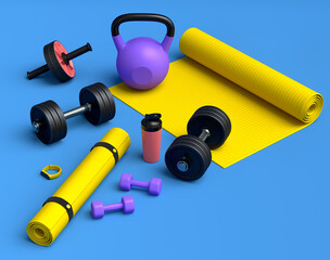 Obraz premium Isometric view of sport equipment like kettlebell, fitness ball and yoga mat