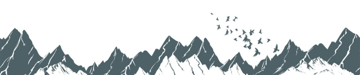 Fototapeta premium Seamless mountain background and Flying birds in the sky. Hand drawing. Not AI. Vector illustration