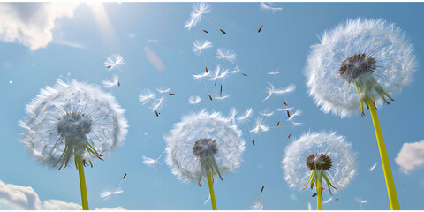 White dandelion seeds flying in the air, clear sky background