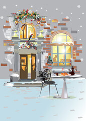 Hand drawn colorful vector Illustration of the romantic street in winter. Christmas greeting card. Hand drawn vector. - 705247555