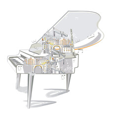 Abstract musical design with a piano and musical waves in the city. Hand drawn vector illustration. - 705247575