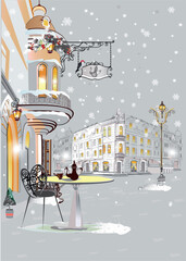 Hand drawn colorful vector Illustration of the romantic street in winter. Christmas greeting card. Hand drawn vector. - 705247585