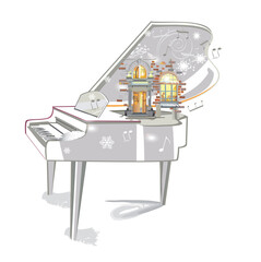 Abstract musical design with a piano and musical waves in the city. Hand drawn vector illustration. - 705247588