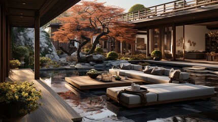 Modern Asian courtyard with reflecting pool and lounge area - obrazy, fototapety, plakaty