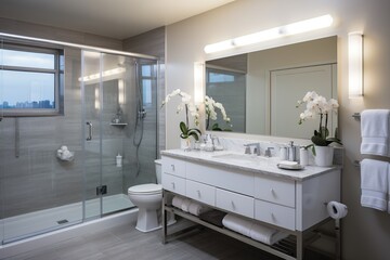 Fototapeta na wymiar Orchid flowers in modern bathroom with large glass shower and double vanity