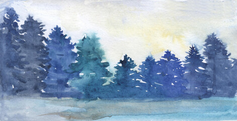 Watercolor winter snowy landscape, blue-green pine forest in a haze and snow, snowdrifts, trees in the snow, gentle forest