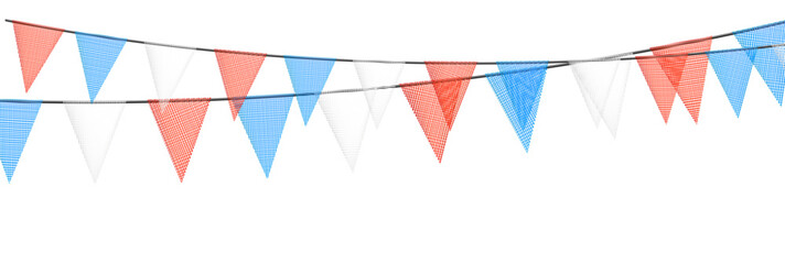 Obraz premium Red and blue bunting garlands with flags made of shredded pieces of fabric. Decorative multicolored party pennants for festival, party celebration.