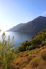 Obraz premium Beautiful view of Biokovo mountain and Adriatic Sea in Brela, Croatia.