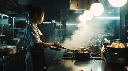 Female Chinese Chef Cooking In A Restaurant Kitchen - obrazy, fototapety, plakaty