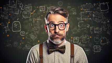 Poster A man wearing glasses for vision on a green chalkboard background is a depiction of an intelligent individual. © Elchin Abilov