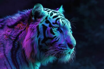Portrait of white tiger in neon colors, dark background