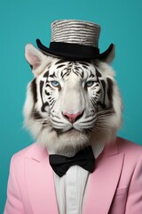 Portrait of a white tiger in a tuxedo and hat looking at the camera
