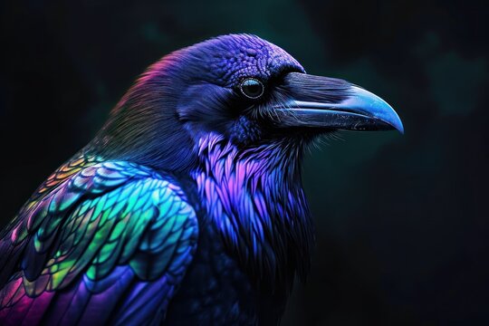 Portrait of a beautiful raven in neon colors, dark background	
