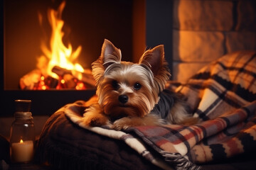 A Yorkshire Terrier dog lies on a bed with a plaid against the background of a room with a cozy interior and a fire in the fireplace