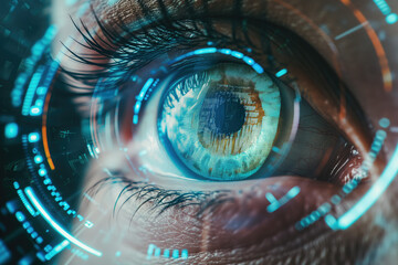 Closeup of a human eye with virtual hologram elements for surveillance and digital ID verification