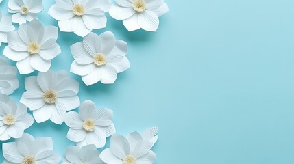 Fototapeta na wymiar A soft blue background complements the natural and creative pastel concept of cotton flowers.