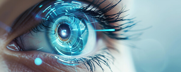 Closeup of a human eye with virtual hologram elements for surveillance and digital ID verification - Powered by Adobe