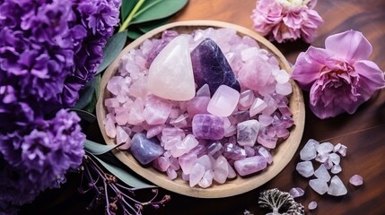 An arrangement of crystals and flowers that is viewed from a high angle.