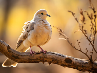 White dove bird sitting on a branch, blurry forest background 