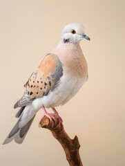 White dove bird sitting on a branch, white background 