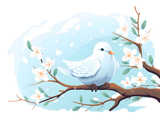 Illustration of a white dove bird sitting on a branch