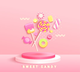 Sweet candy display podium for sweets.Round pedestal for kids,baby products.Template for promo poster,banner with sweets-candy,lollypop,marshmallow on stage for presentations. Vector illustration