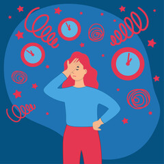 Lack of time. Man  stretches his hand to flying clock, employee tries to have time to complete project by deadline. Bad time management and lazy character. cartoon flat vector illustration