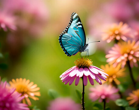 Nature spring butterfly flowers background featuring vibrant spring flowers and butterflies. The composition captures the essence of the season, showcasing the beauty and vitality of blooming flowers 