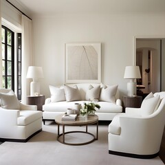 White sofa and armchairs in home interior design