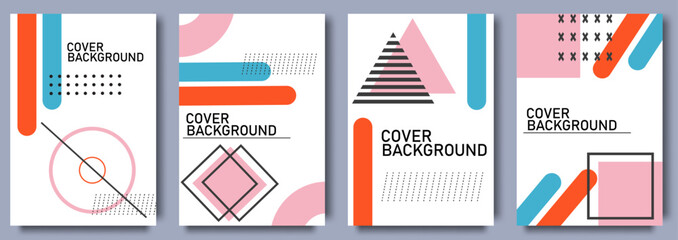 Set of cover design in Memphis style. Geometric design, abstract background. Fashionable bright cover, banner, poster, booklet.