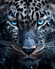 Piercing Blue Eyes of a Snow Leopard created with Generative AI technology - obrazy, fototapety, plakaty