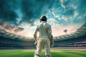 Cricket player standing ready in the middle of cricket arena stadium - obrazy, fototapety, plakaty