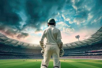 Foto op Plexiglas Cricket player standing ready in the middle of cricket arena stadium © thejokercze