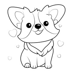 Cute corgi coloring page with hearts. Outline vector illustration