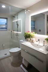 A modern bathroom with a glass shower, white vanity, and large mirror