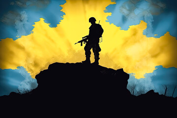 Obraz na płótnie Canvas Illustration featuring a Ukrainian soldier on a blue yellow background.
