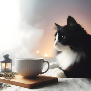 A focused black and white cat sitting next to a modern teacup