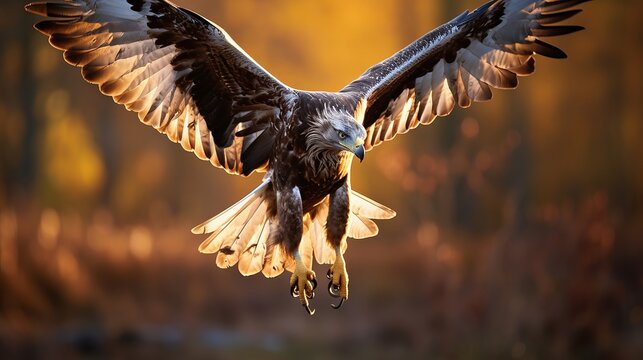 On a meadow in autumn nature, a young sea eagle is hunting from the sky.