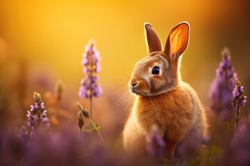 Fototapeta premium Little bunny hiding in flowers in sunny day. Cute fluffy rabbit on the meadow on warming spring day. Easter greeting card, background, banner, wallpaper with copy space