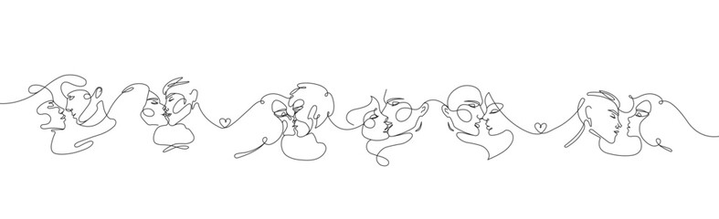 Set of kissing people in one continuous line. Single line art. Valentines day card. Lovers day.